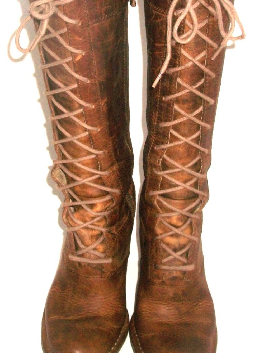 Frye Vintage "Villager Lace" High Heel SIde Zip Front Lace Oiled Leather Boots